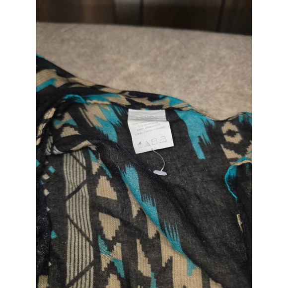 Sweaters - Southwestern Geometric Fringe Kimono Cardigan Turquoise Black One Size